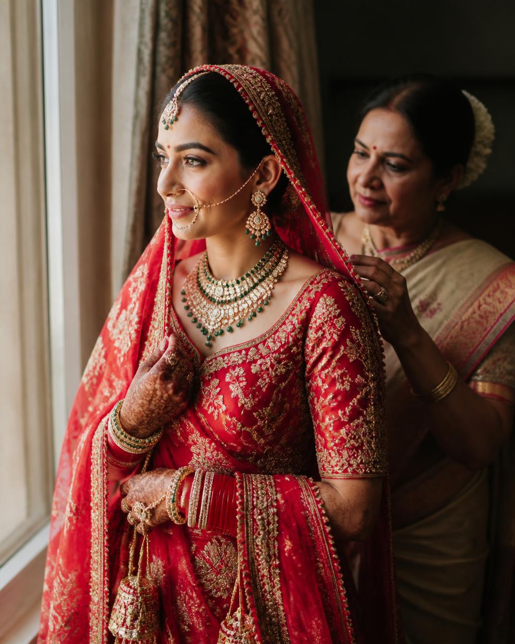 Indian bride getting ready with her mother