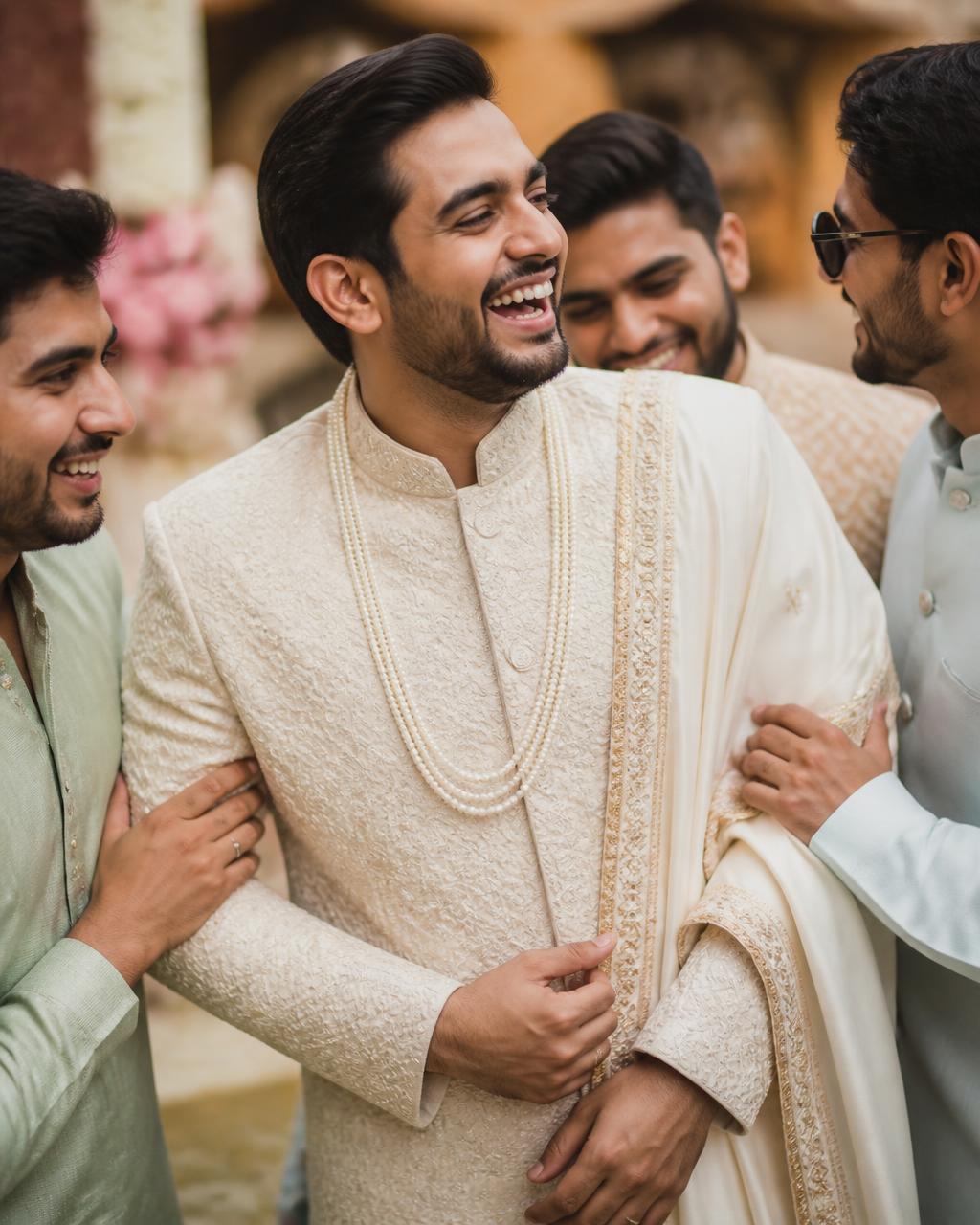 Groom laughing with friends before the ceremony