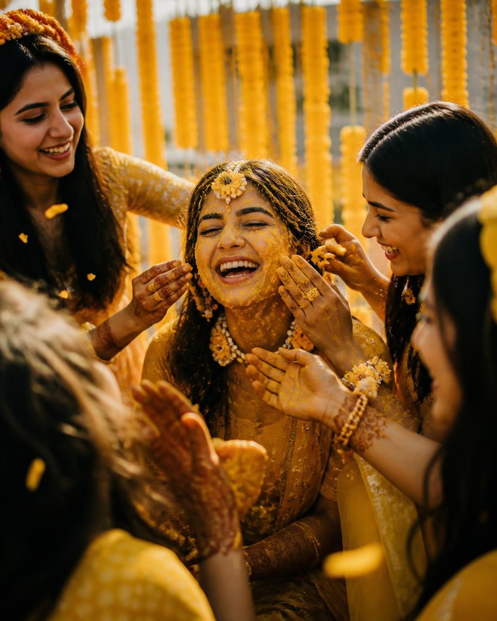 Bride laughing during her haldi ceremony