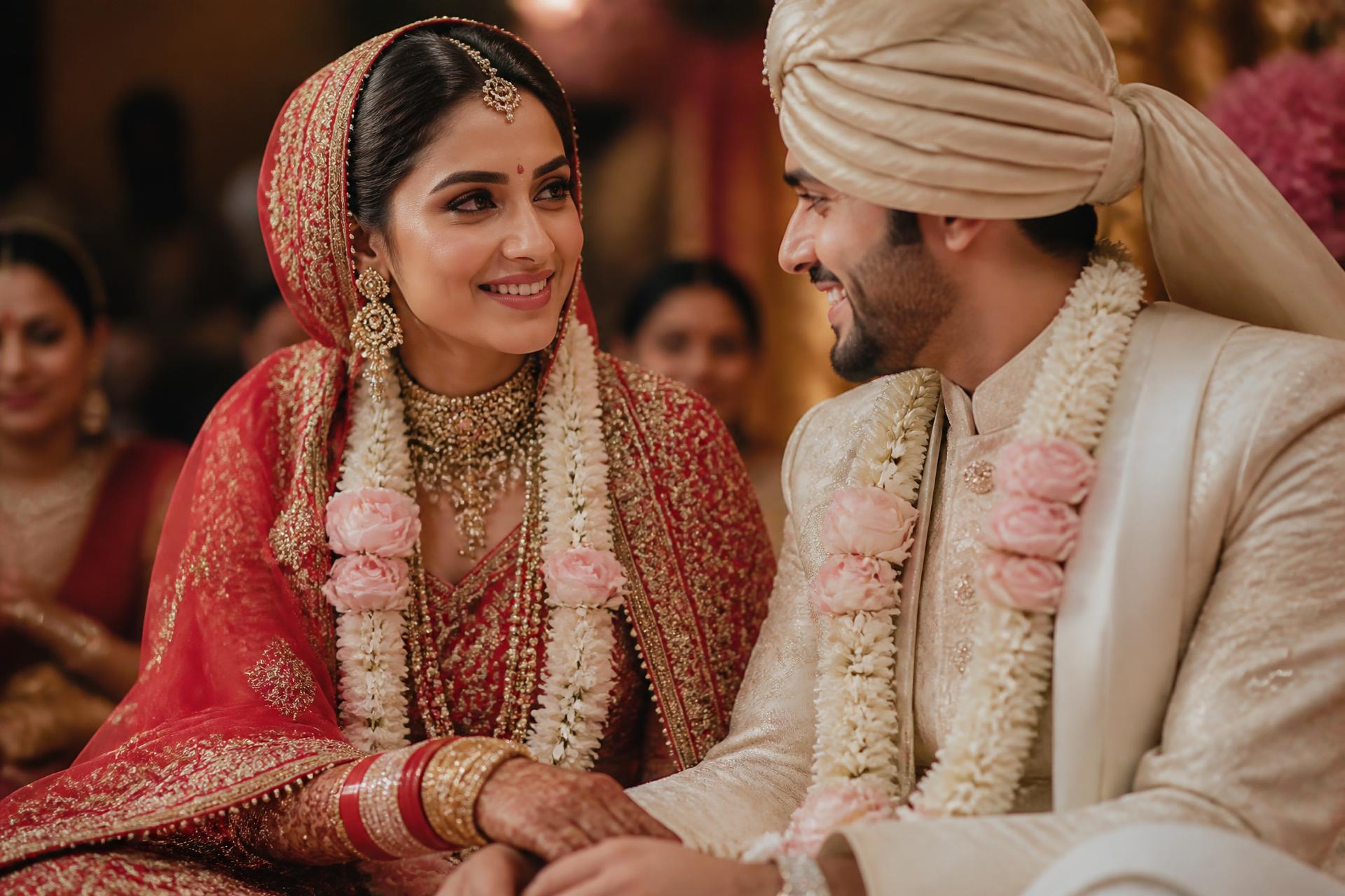 Indian bride and groom sharing an emotional smile during their wedding ceremony